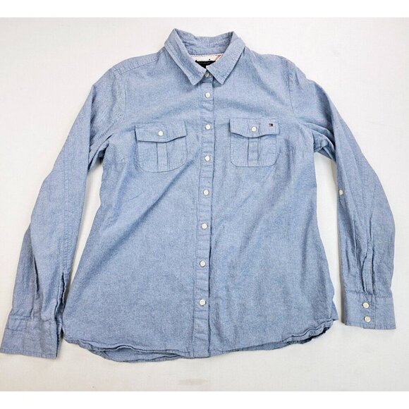 Tommy Hilfiger Size Large Women's Embroidered Pocket Logo Elbow Buttons Shirt - Picture 1 of 12